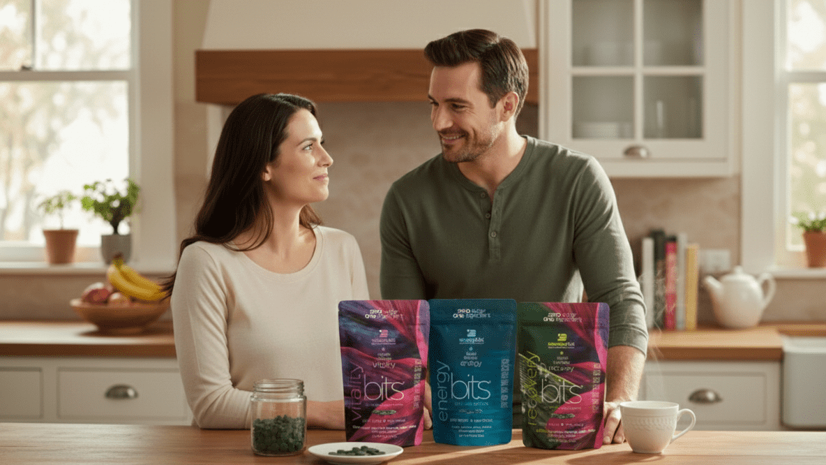 A couple standing in a bright home kitchen, smiling at each other while three packets of algae-based supplements are displayed on the kitchen counter, creating a natural lifestyle scene focused on mindful nutrition.